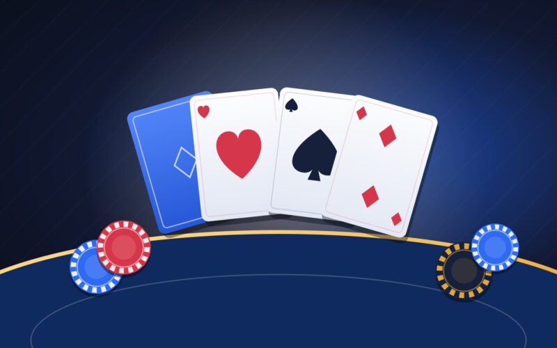 Illustration of baccarat playing cards fanned across a blue casino table with stacked chips