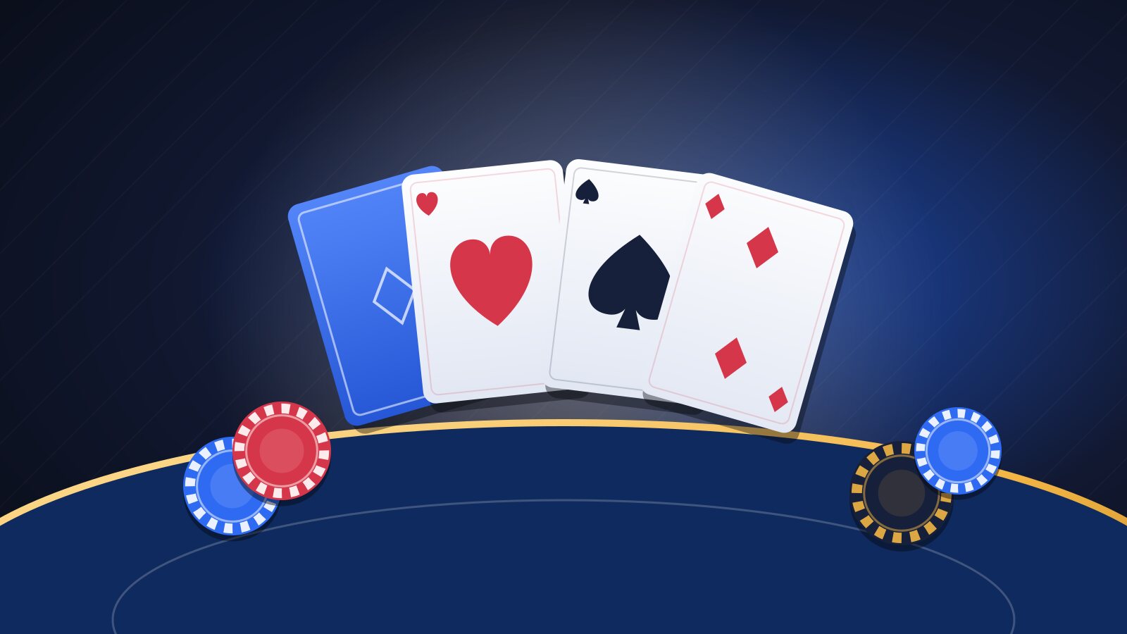 Illustration of baccarat playing cards fanned across a blue casino table with stacked chips