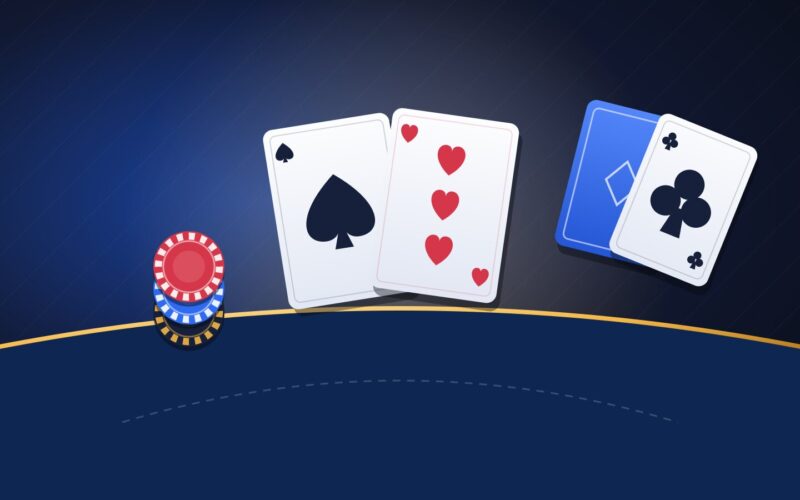 Illustration of blackjack cards on a curved blue table next to a stack of red, blue and black chips