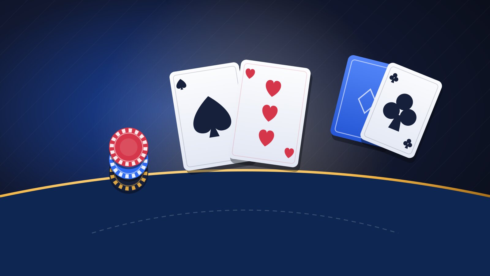 Illustration of blackjack cards on a curved blue table next to a stack of red, blue and black chips