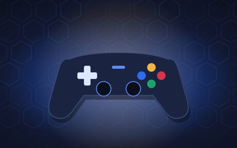 Illustration of a game controller over a glowing blue hexagon grid representing competitive esports