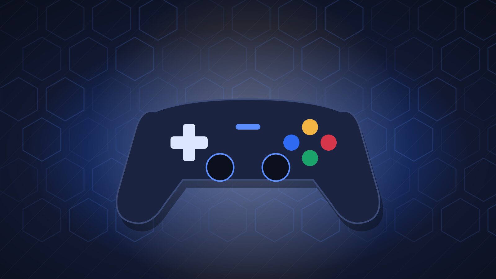 Illustration of a game controller over a glowing blue hexagon grid representing competitive esports