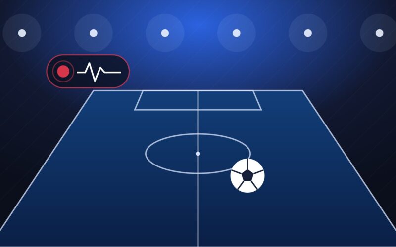 Illustration of a floodlit sports pitch in perspective with a football and a live odds indicator