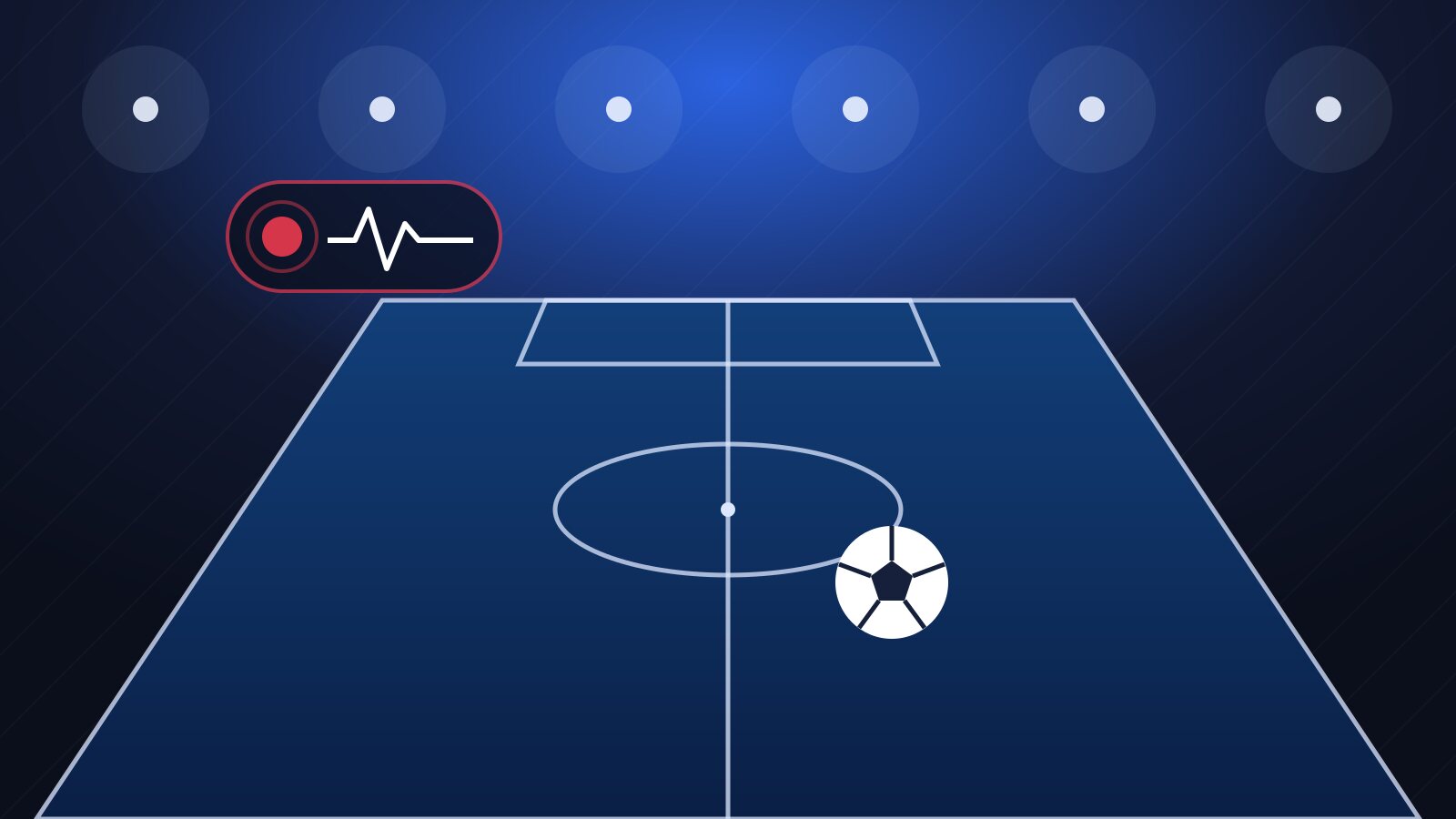 Illustration of a floodlit sports pitch in perspective with a football and a live odds indicator