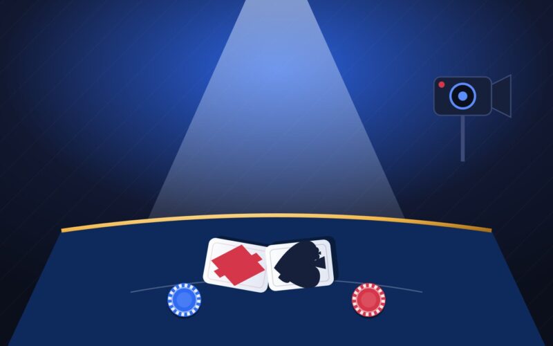 Illustration of a live casino table under a studio spotlight with cards, chips and a streaming camera