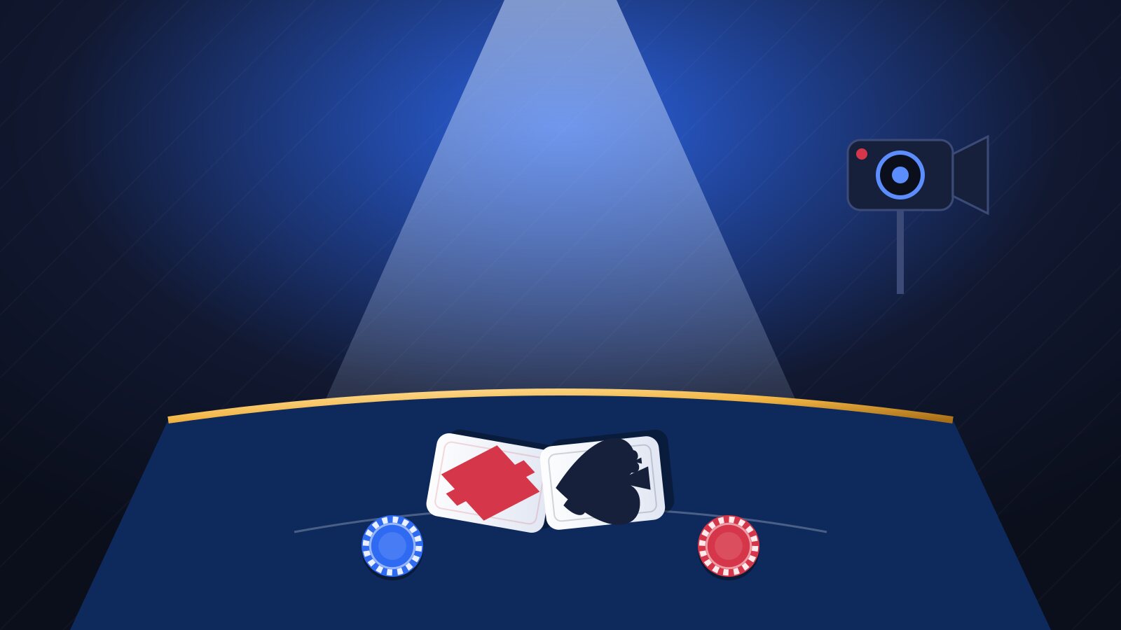 Illustration of a live casino table under a studio spotlight with cards, chips and a streaming camera