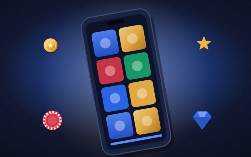 Illustration of a smartphone tilted at an angle showing a grid of colourful game tiles, with coins and gems around it
