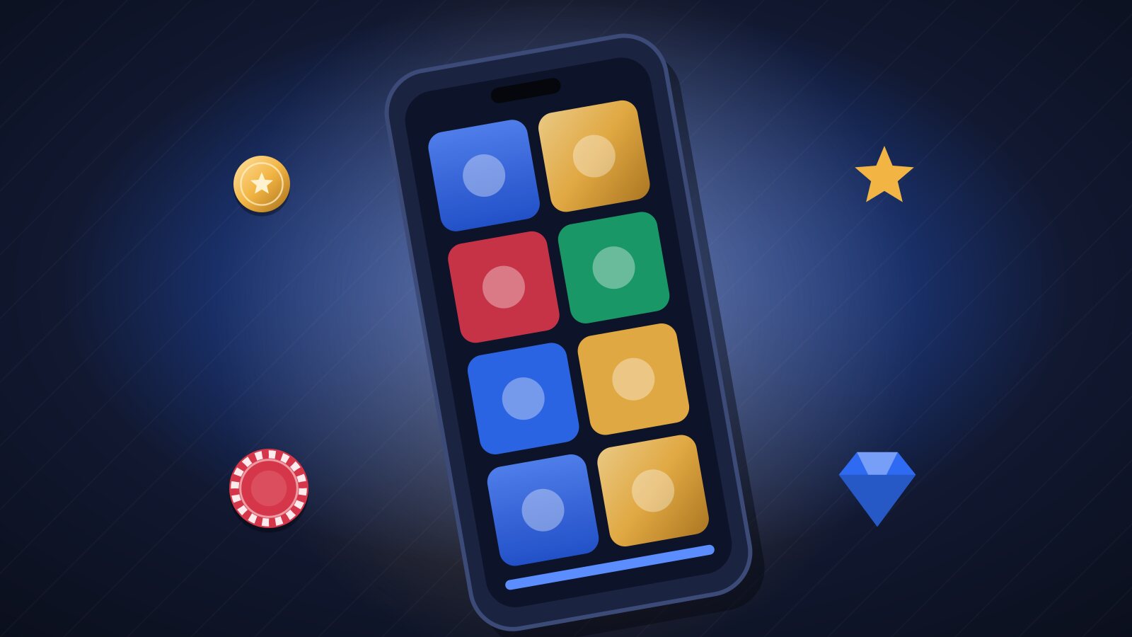 Illustration of a smartphone tilted at an angle showing a grid of colourful game tiles, with coins and gems around it