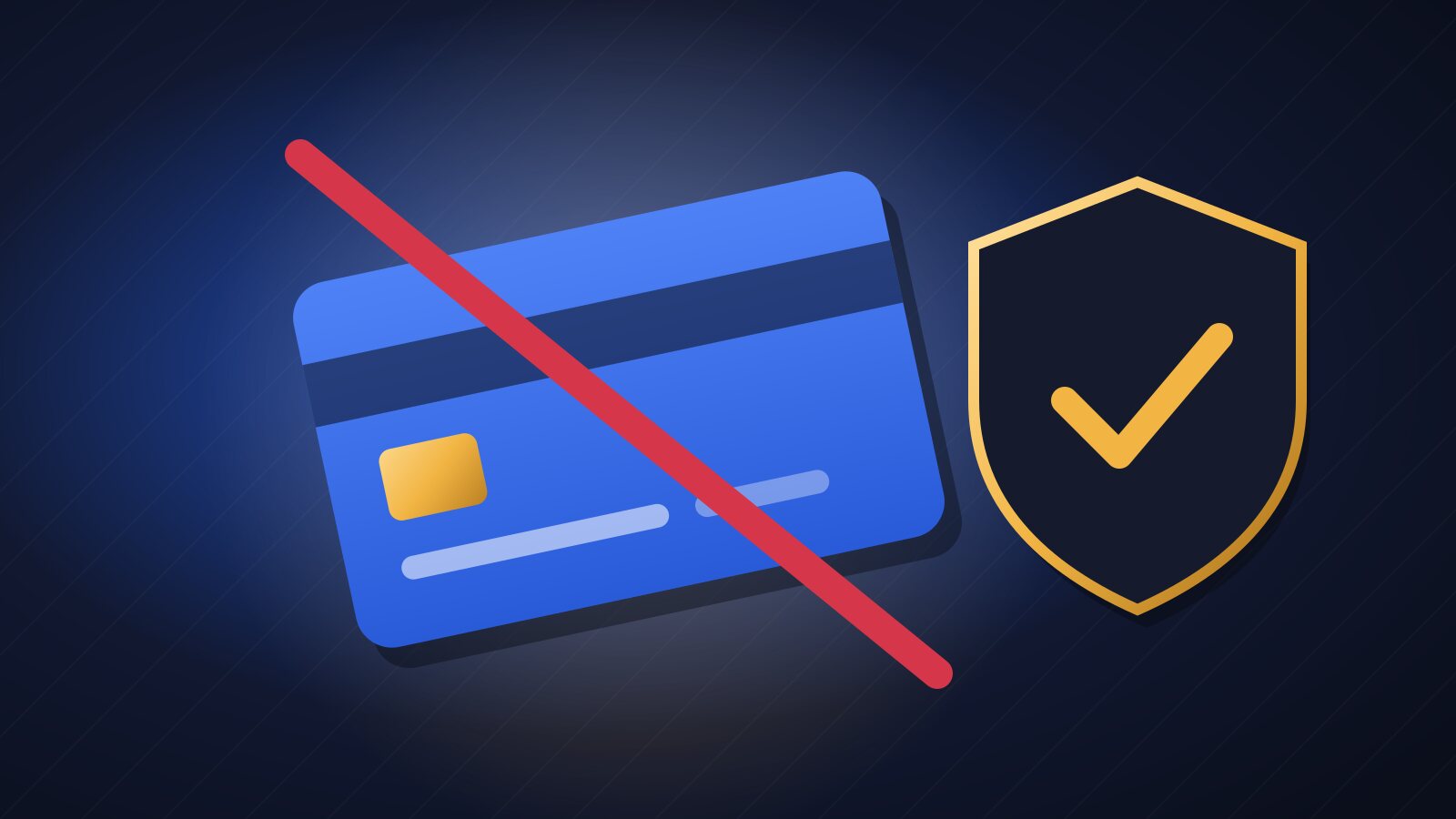 Illustration of a blue credit card crossed out by a red line beside a gold-edged security shield