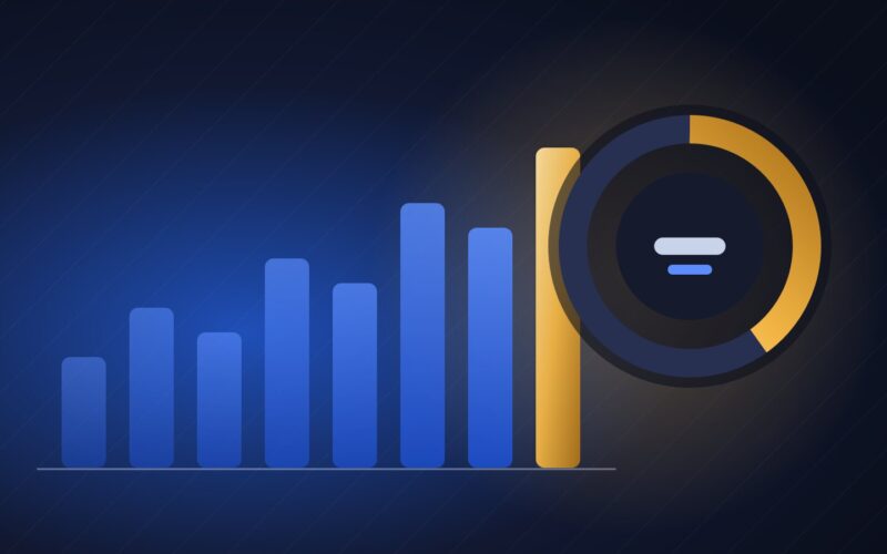 Illustration of rising blue bar chart columns beside a gold probability ring on a dark background