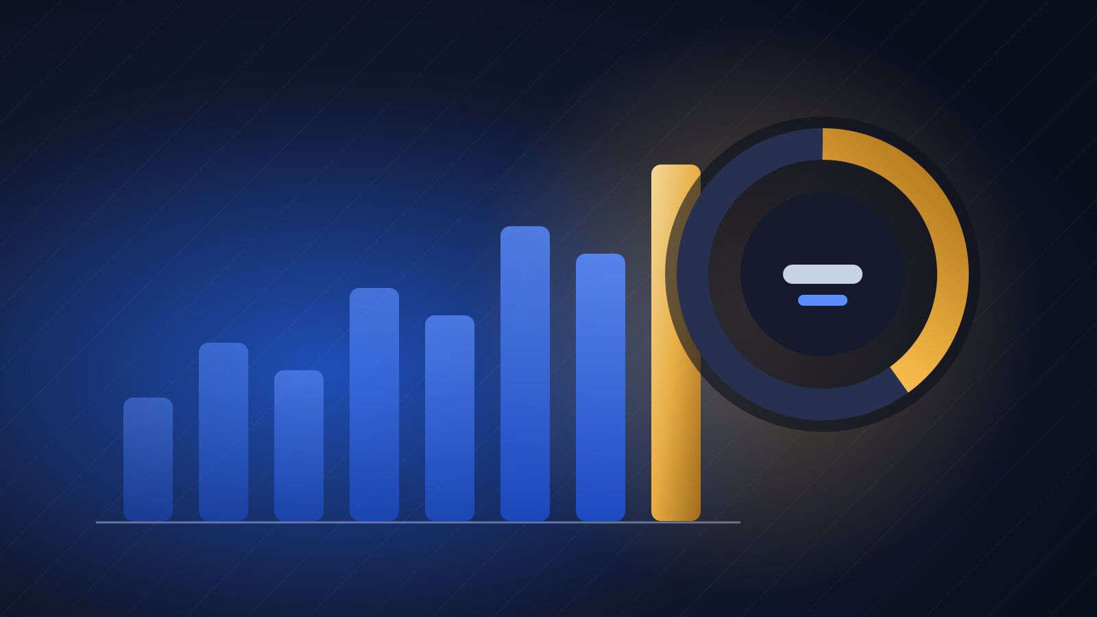 Illustration of rising blue bar chart columns beside a gold probability ring on a dark background