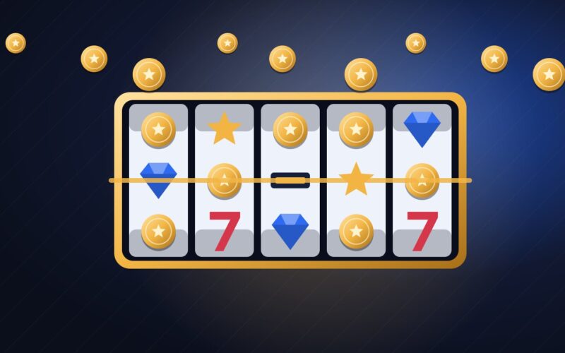 Illustration of a five-reel online pokie filled with gold coins, gems and stars, with coins scattered above