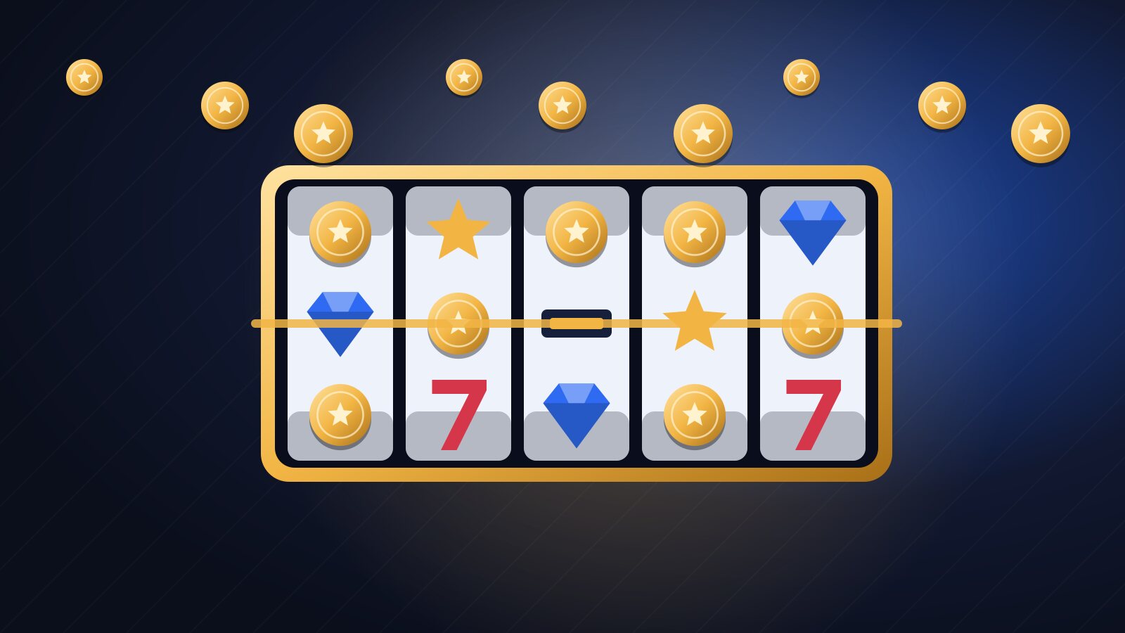 Illustration of a five-reel online pokie filled with gold coins, gems and stars, with coins scattered above