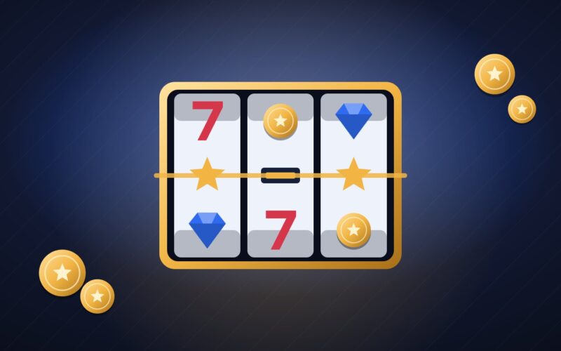 Illustration of a gold-framed three-reel pokie machine showing sevens, stars, gems and coins