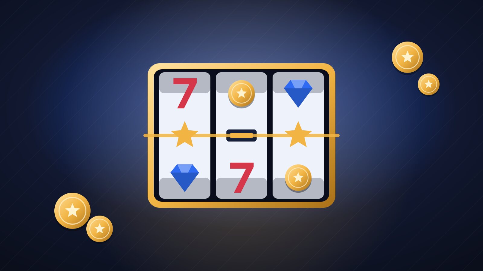 Illustration of a gold-framed three-reel pokie machine showing sevens, stars, gems and coins