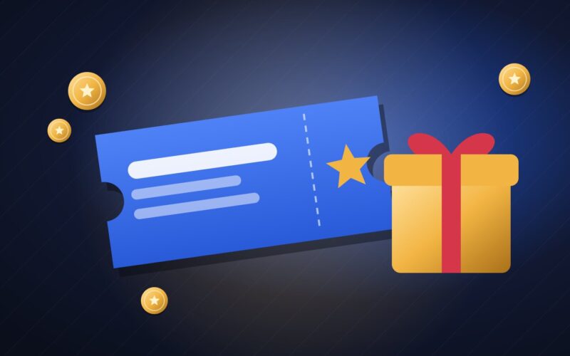 Illustration of a blue promotional ticket with a gold star beside a wrapped gift box and gold coins