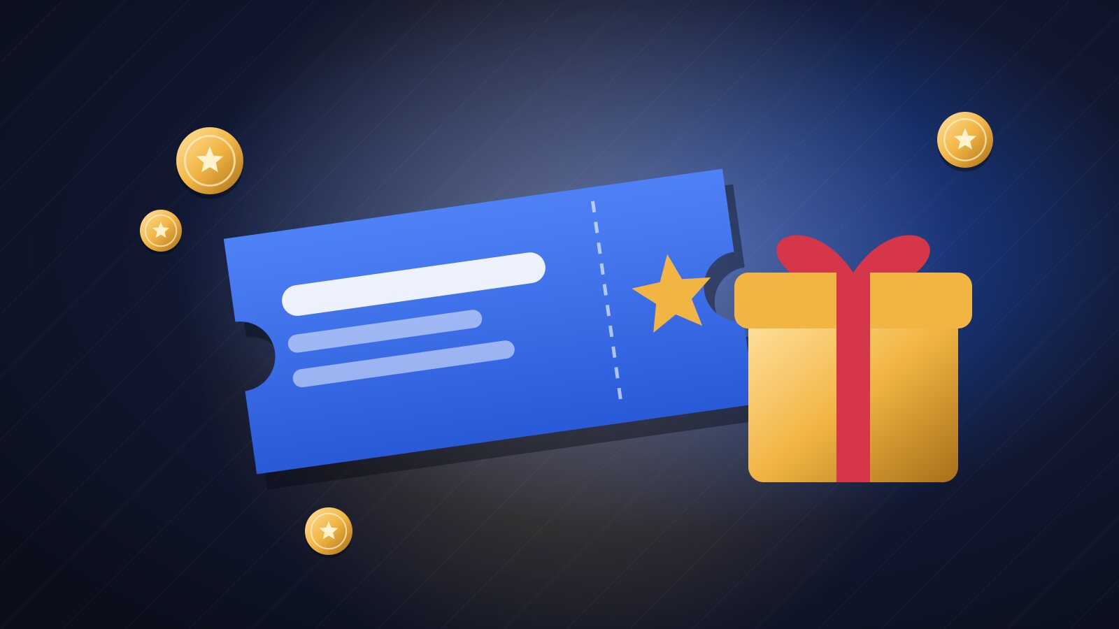 Illustration of a blue promotional ticket with a gold star beside a wrapped gift box and gold coins