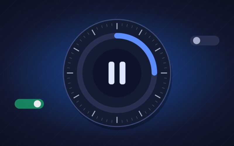 Illustration of a calm timer dial with a pause symbol and toggle switches, representing gambling limits and breaks
