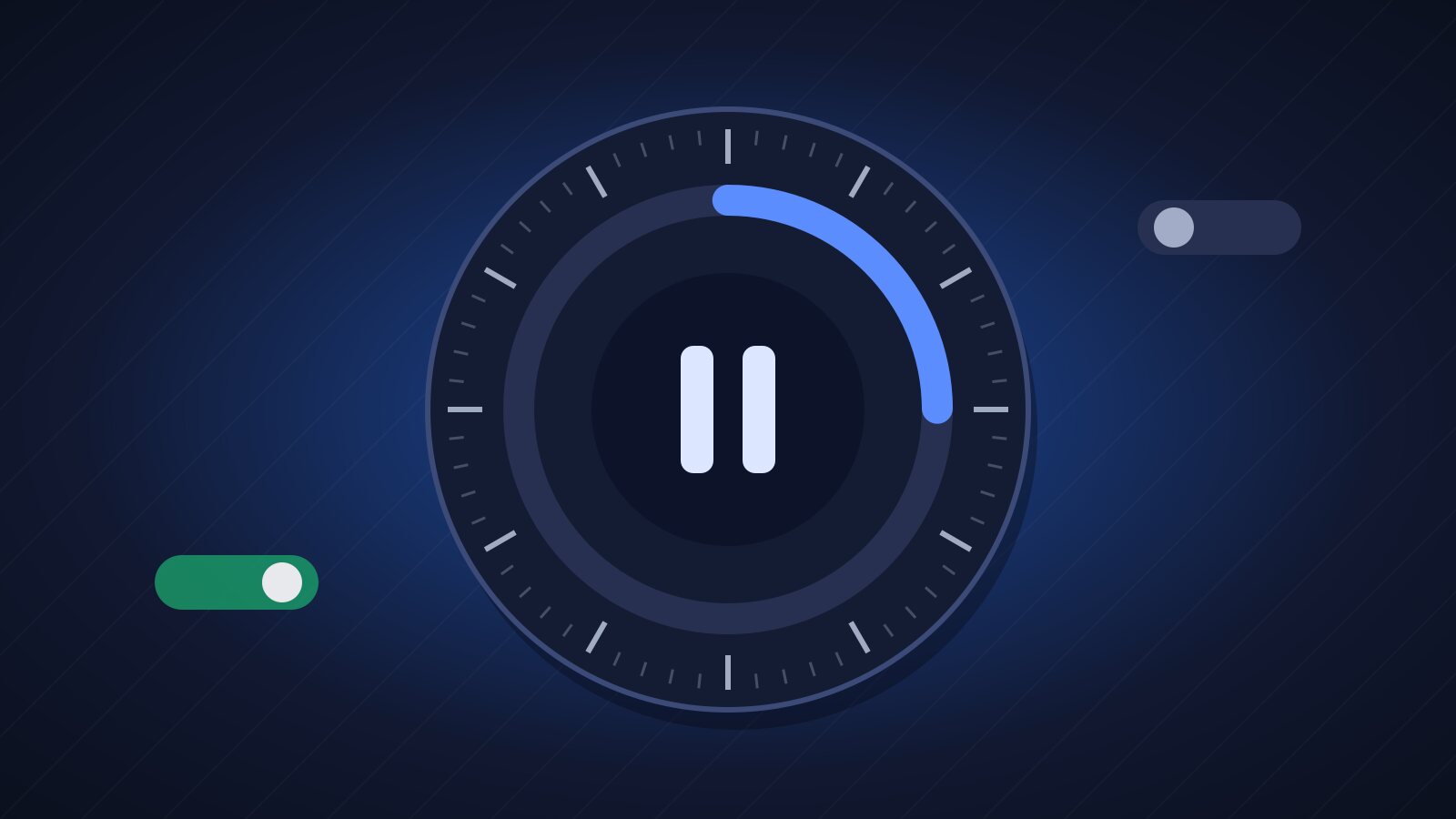 Illustration of a calm timer dial with a pause symbol and toggle switches, representing gambling limits and breaks