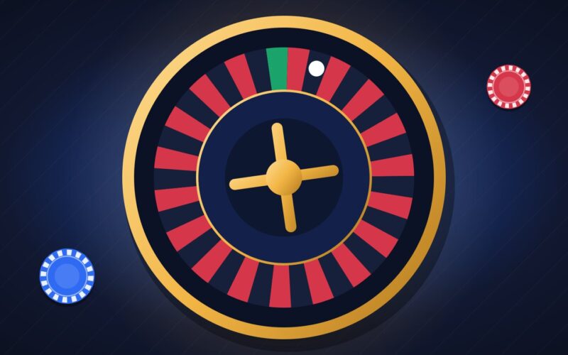 Illustration of a gold-rimmed roulette wheel viewed from above with a white ball and casino chips
