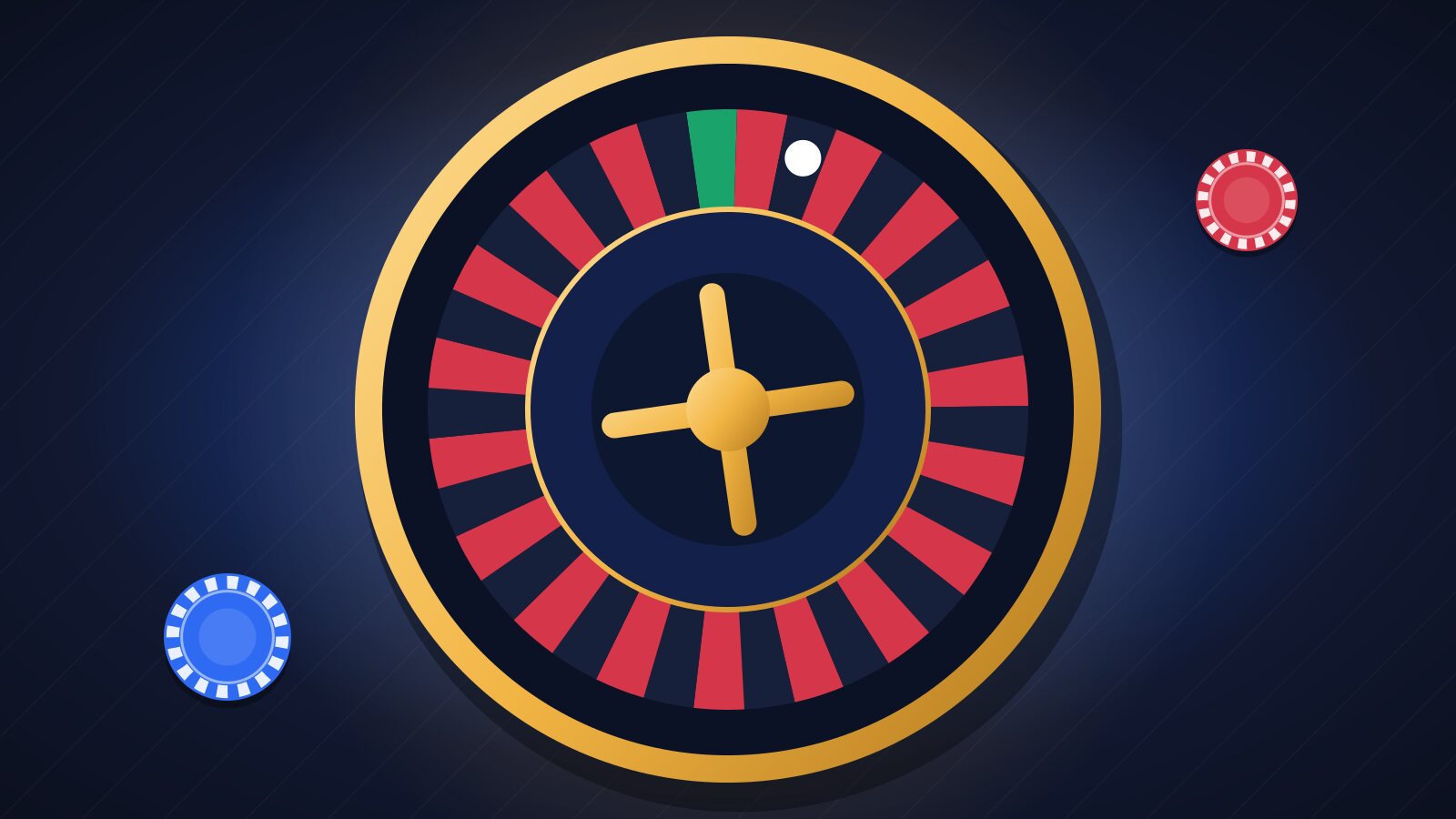 Illustration of a gold-rimmed roulette wheel viewed from above with a white ball and casino chips